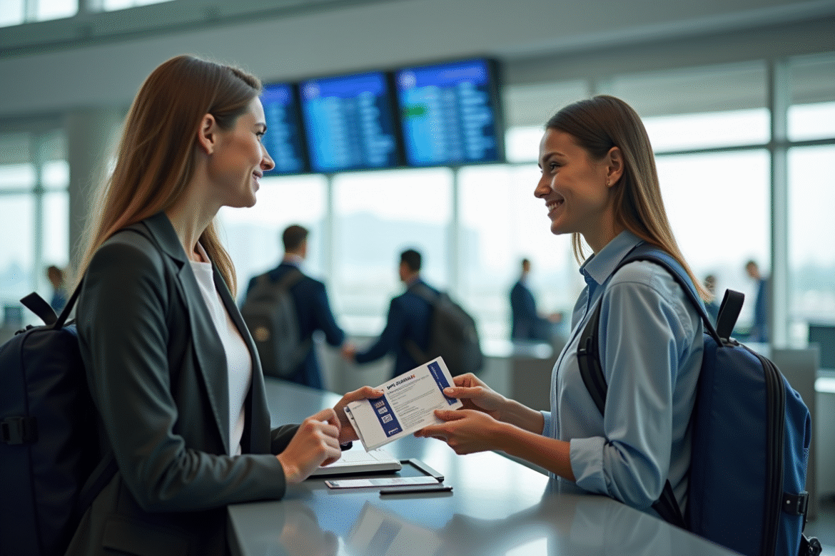 Jeune voyageur à l'aéroport remet des chèques vacances à un agent Air France
