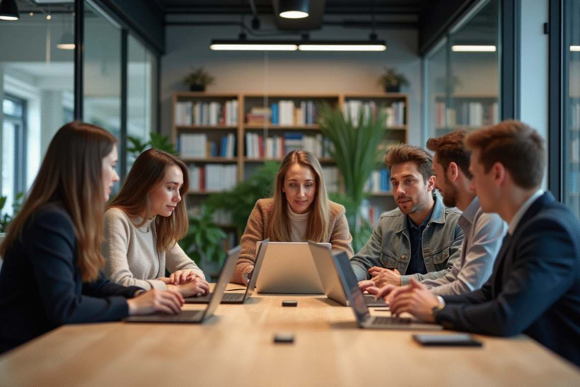 Groupe de jeunes adultes en réunion dans un bureau moderne