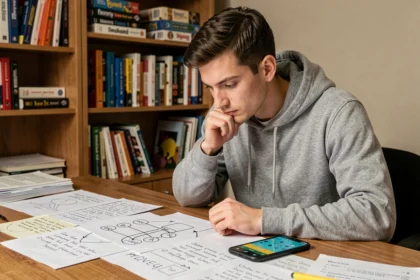 Joueur adulte concentré résolvant une énigme sur un jeu mobile de type escape room, entouré de notes manuscrites sur un bureau en bois