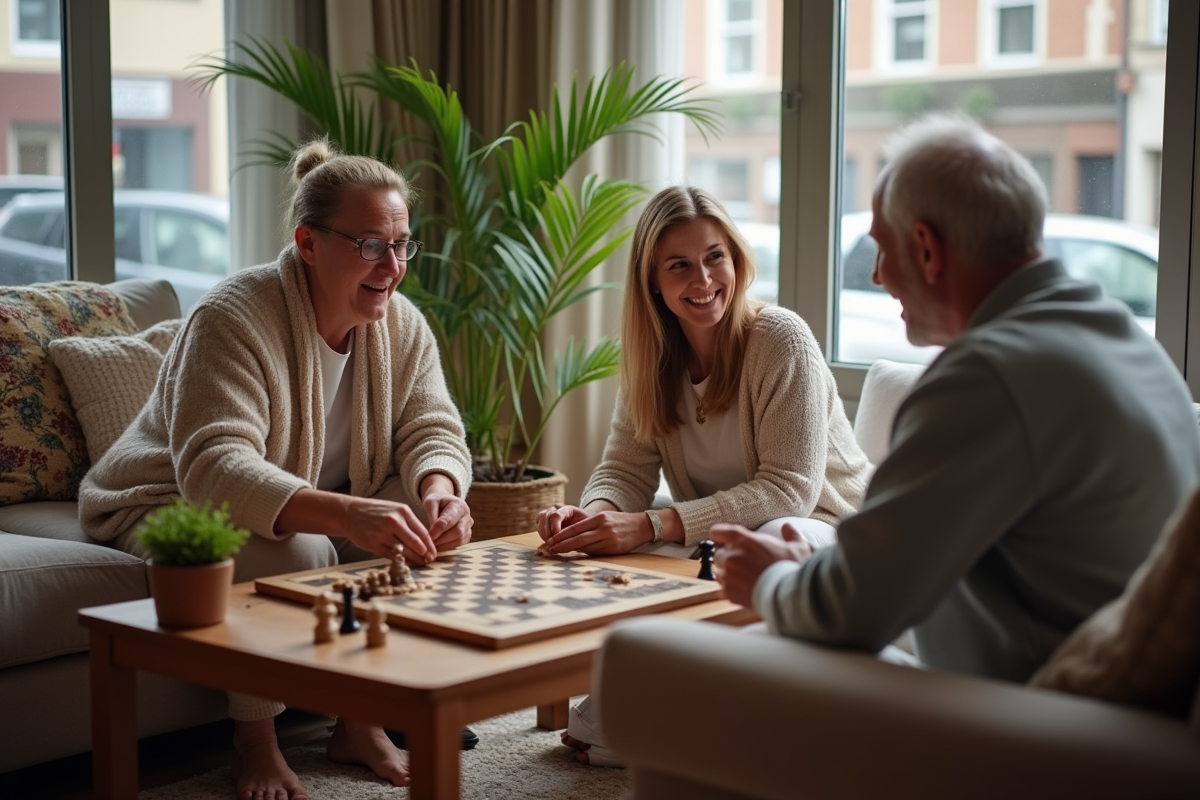 Trois adultes jouant à un jeu de société dans un salon chaleureux