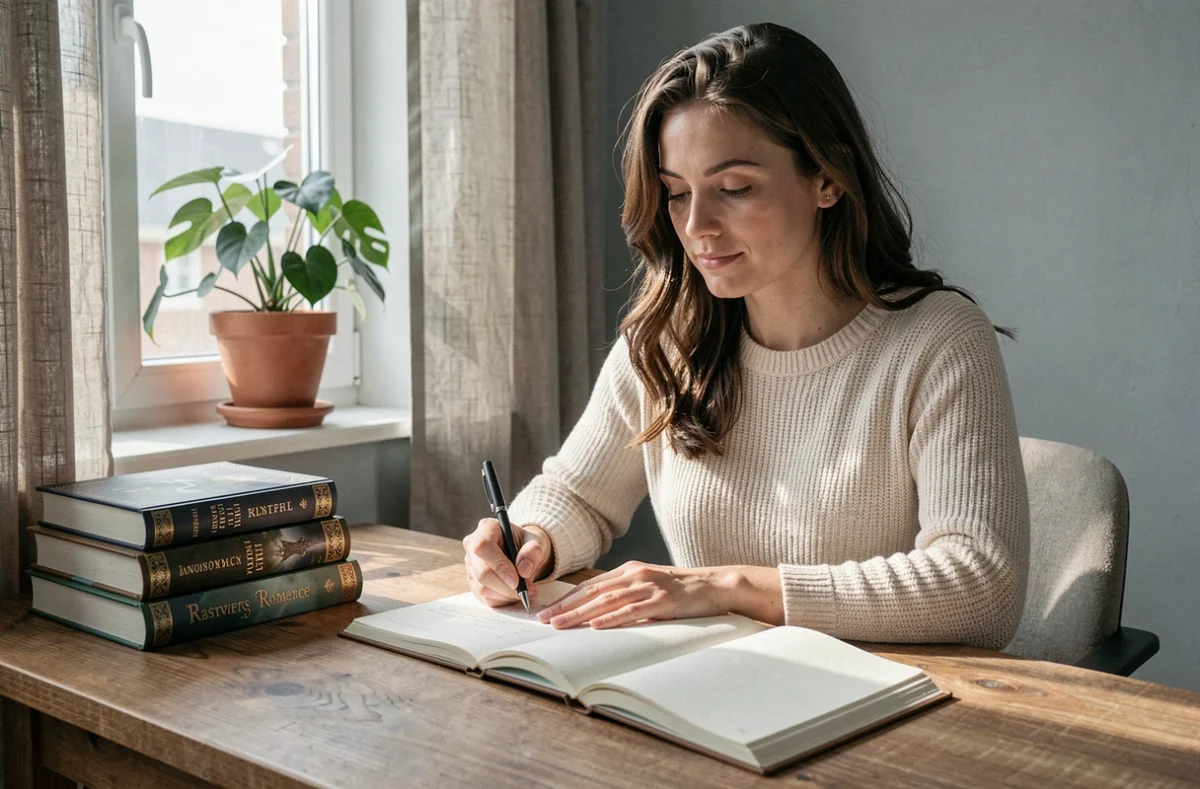 Femme écrivant dans un journal à côté de romans romantasy spicy, illustrant une pratique de lecture consciente pour préserver la santé mentale