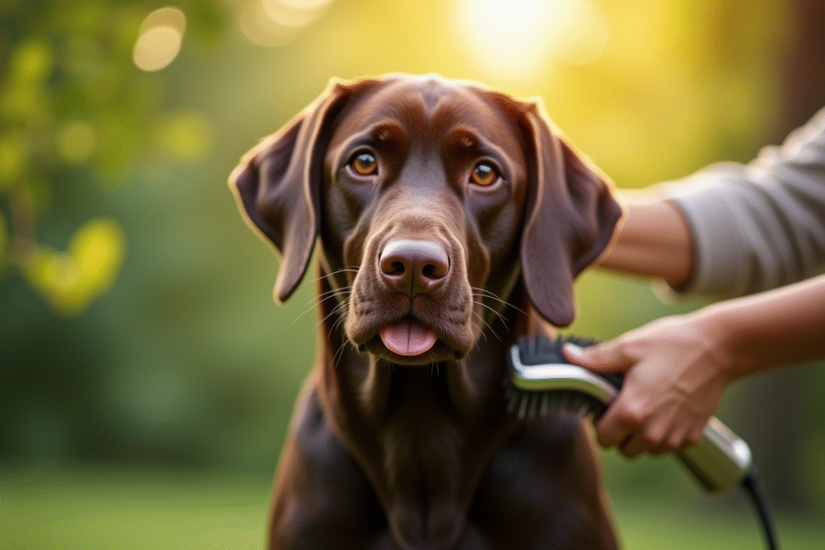 Labrador chocolat brossé en extérieur en plein jour