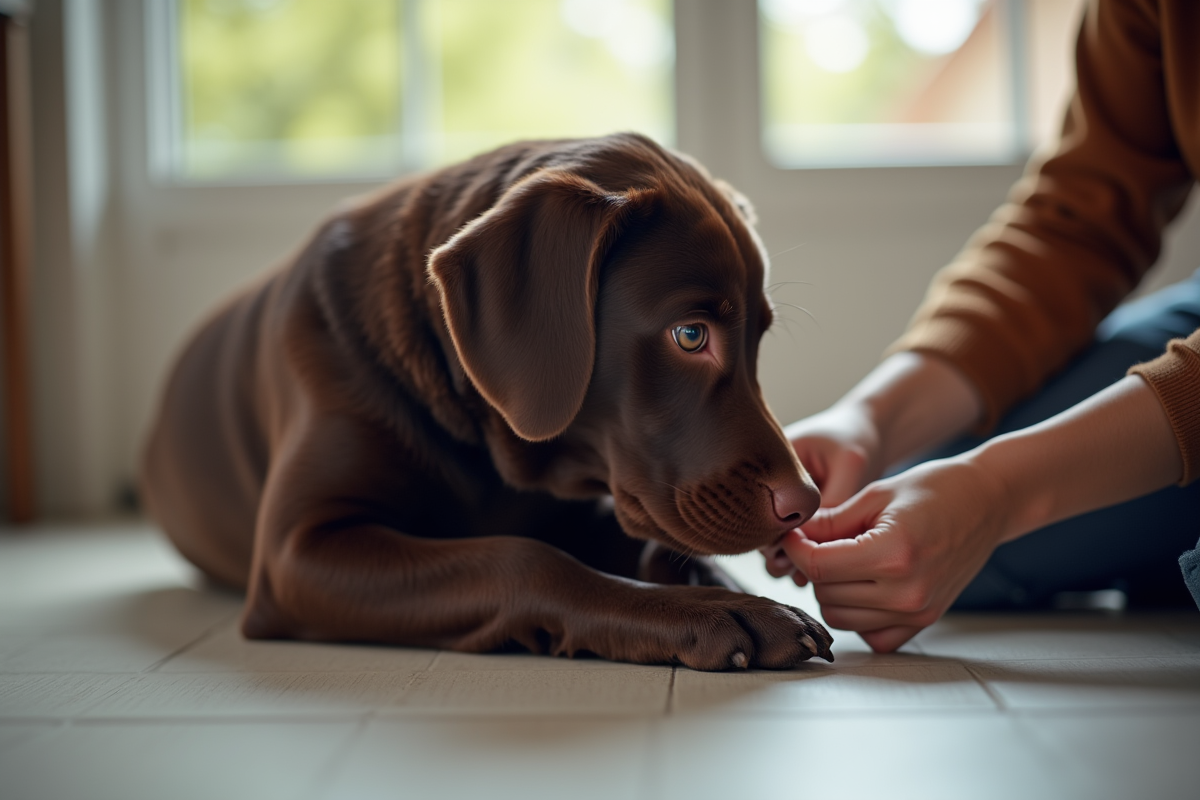 Labrador chocolat lors d