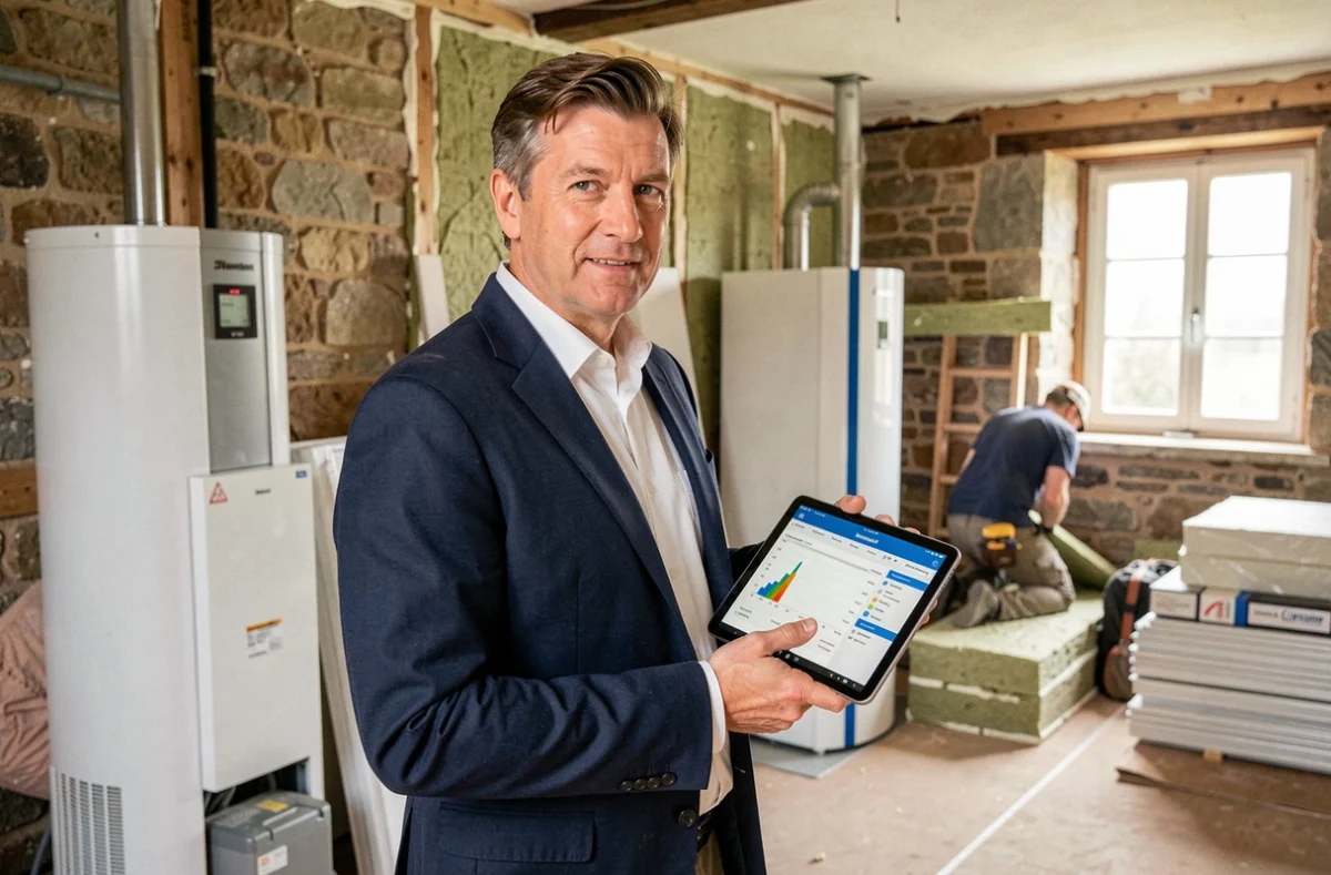 Consultant Laurent Energies présentant un projet de rénovation énergétique globale dans une maison en Lot-et-Garonne