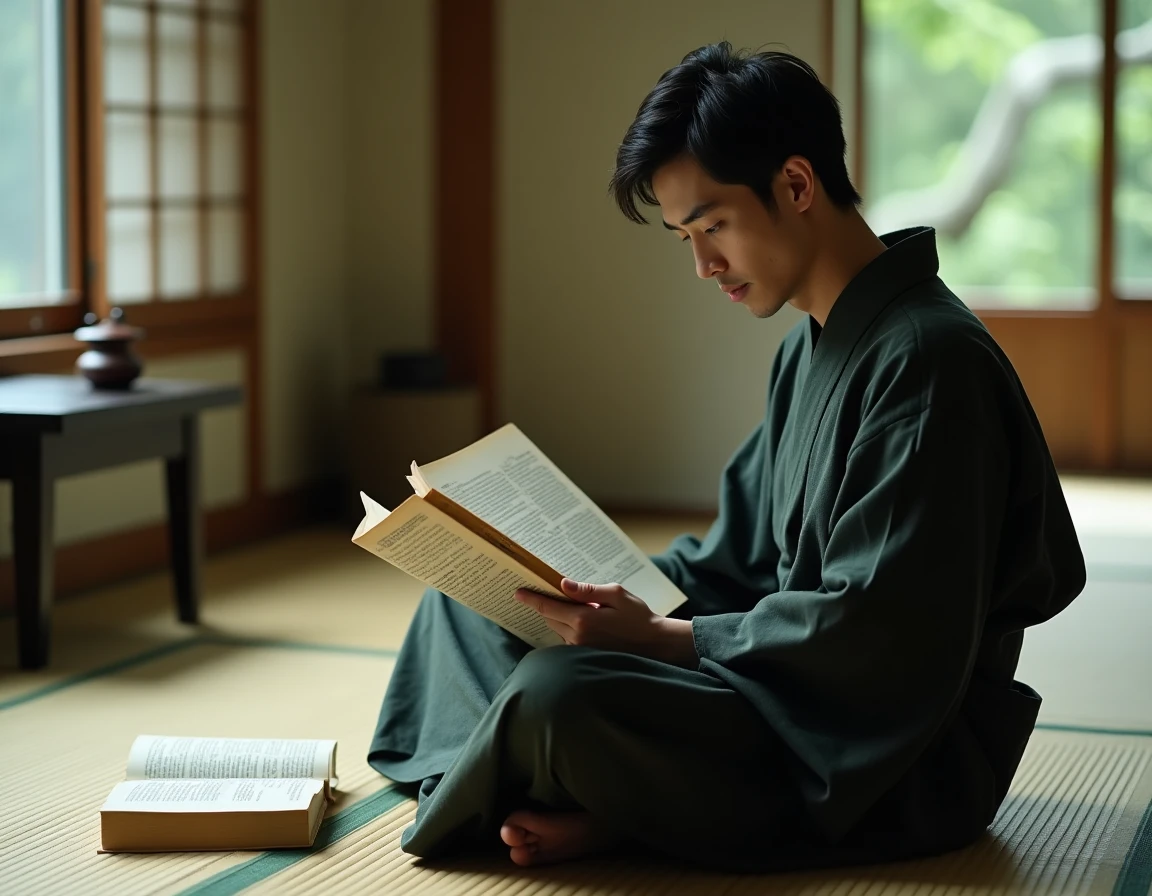 Homme en kimono lisant un manga médical assis sur un tatami dans une pièce traditionnelle japonaise