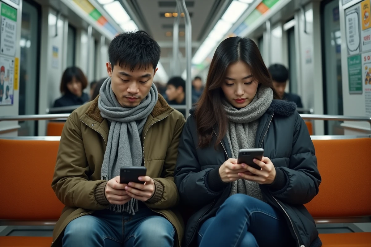Deux lecteurs adultes consultant des mangas et manhwa sur smartphone dans le métro en ville