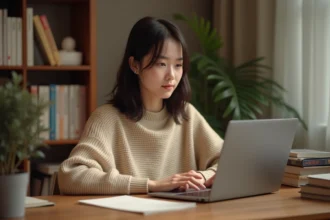 Jeune femme lisant des mangas sur un ordinateur portable dans un bureau à domicile, illustrant la confidentialité en ligne