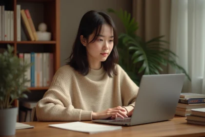 Jeune femme lisant des mangas sur un ordinateur portable dans un bureau à domicile, illustrant la confidentialité en ligne