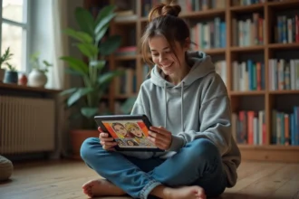 Jeune femme lisant des mangas et webtoons sur tablette dans un appartement cosy entouré de livres