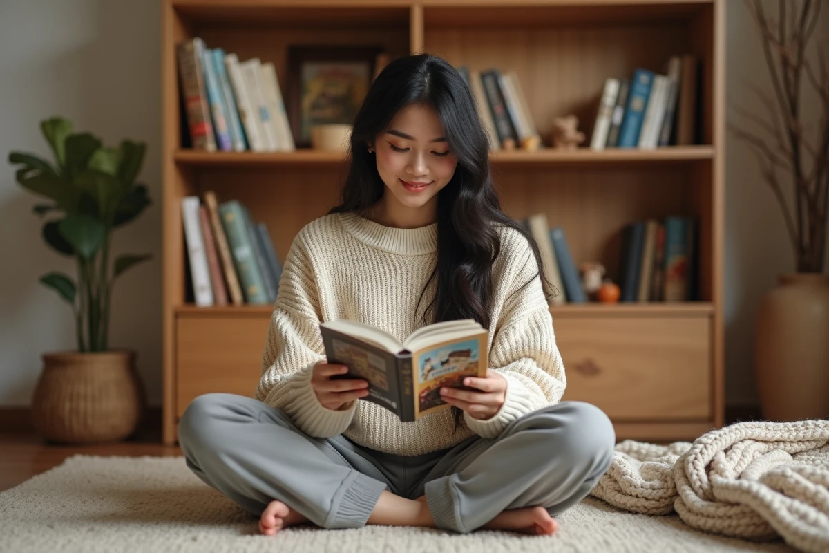 Jeune femme lisant un manga yaoi dans sa chambre entourée de volumes de Boy's Love sur une étagère