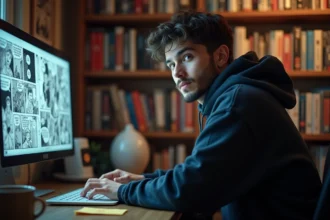 Jeune homme lisant des scans manga sur un ordinateur portable avec un VPN actif, assis à un bureau en bois entouré de livres