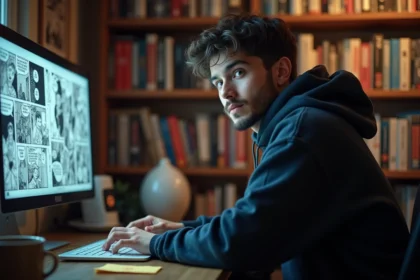Jeune homme lisant des scans manga sur un ordinateur portable avec un VPN actif, assis à un bureau en bois entouré de livres