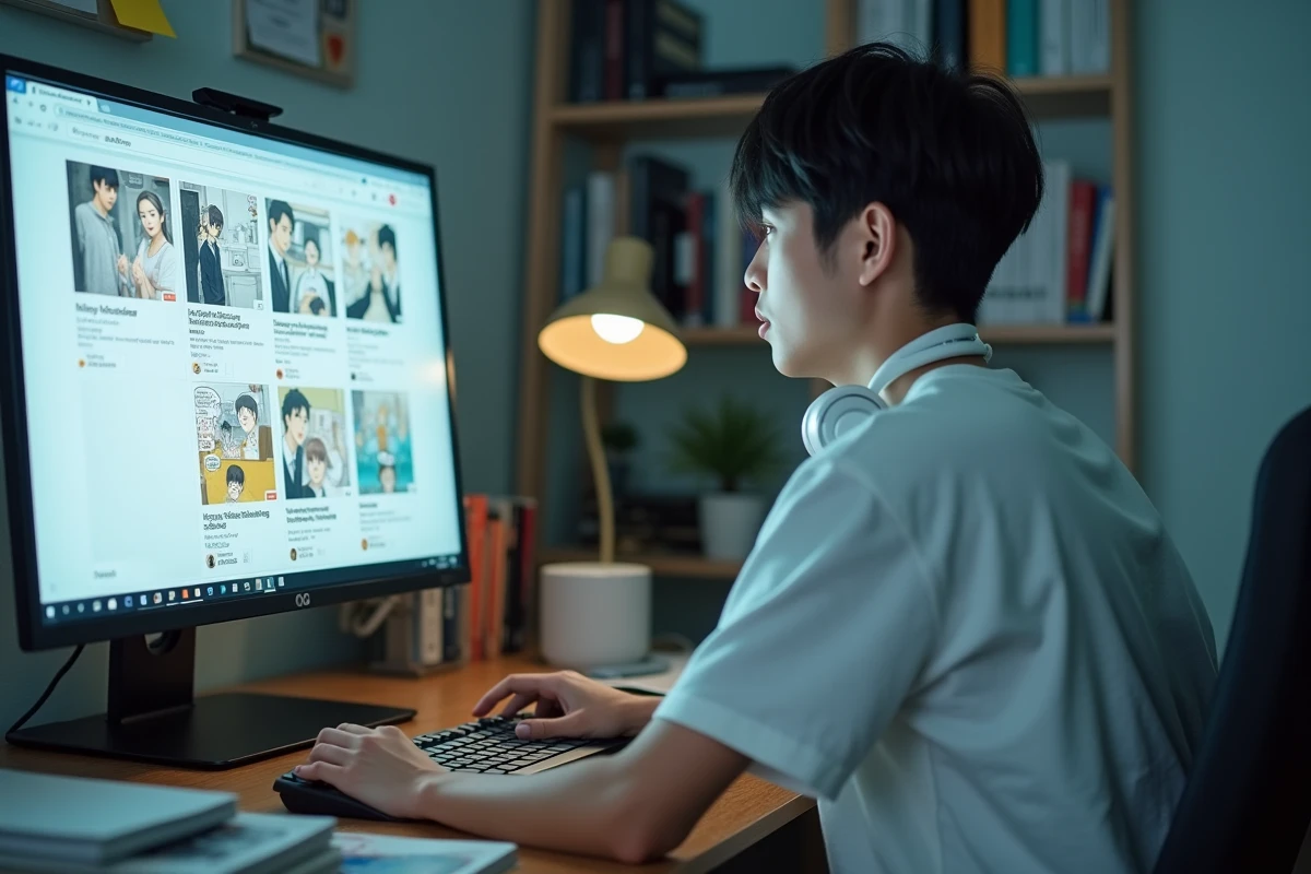 Jeune homme lisant un webtoon coréen sur ordinateur dans un bureau étudiant avec des volumes de manga empilés