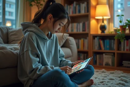 Jeune femme lisant des webtoons sur une tablette dans un appartement cosy entouré de mangas