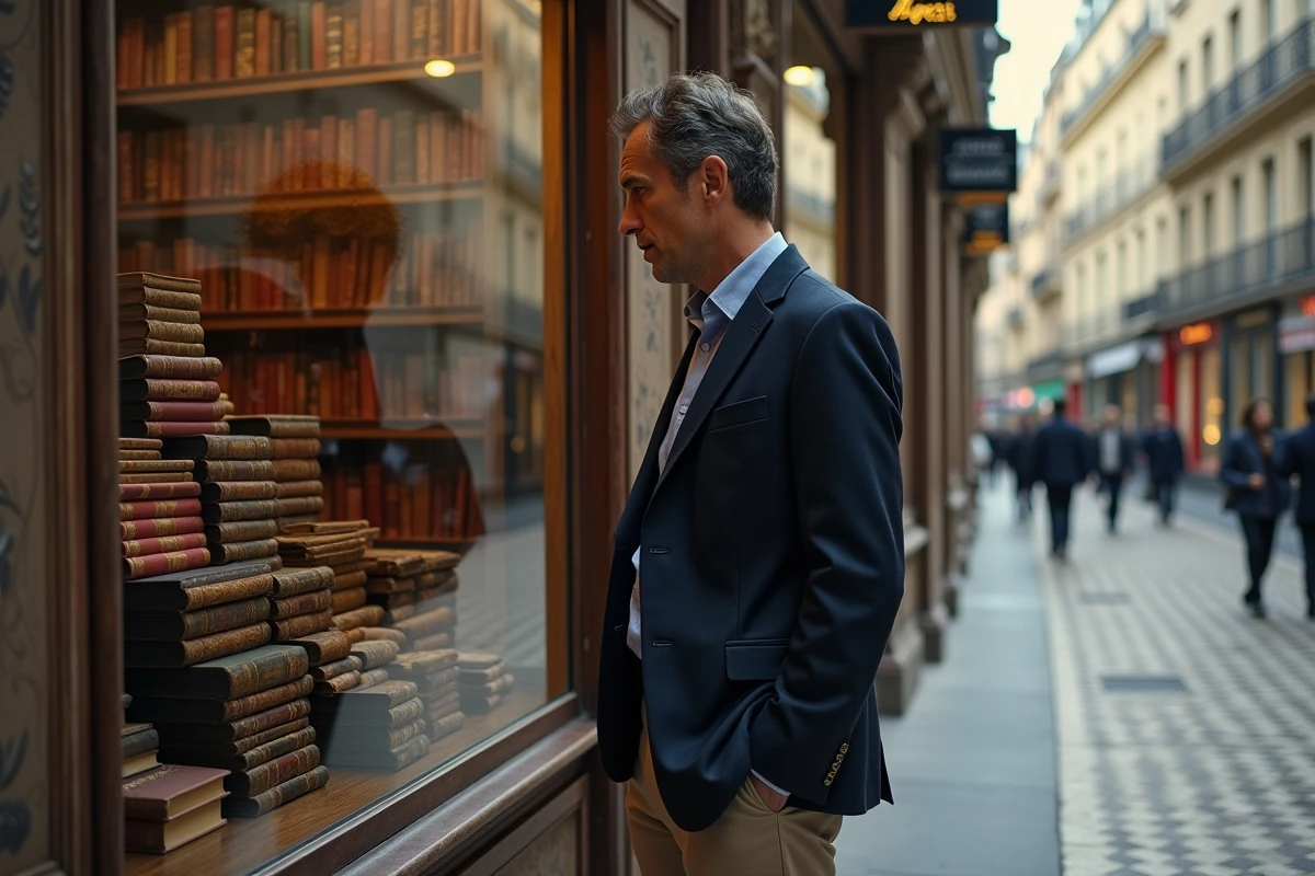 Homme consultant la vitrine d'une librairie ancienne dans une galerie couverte parisienne avec sol en mosaïque et devantures en bois doré