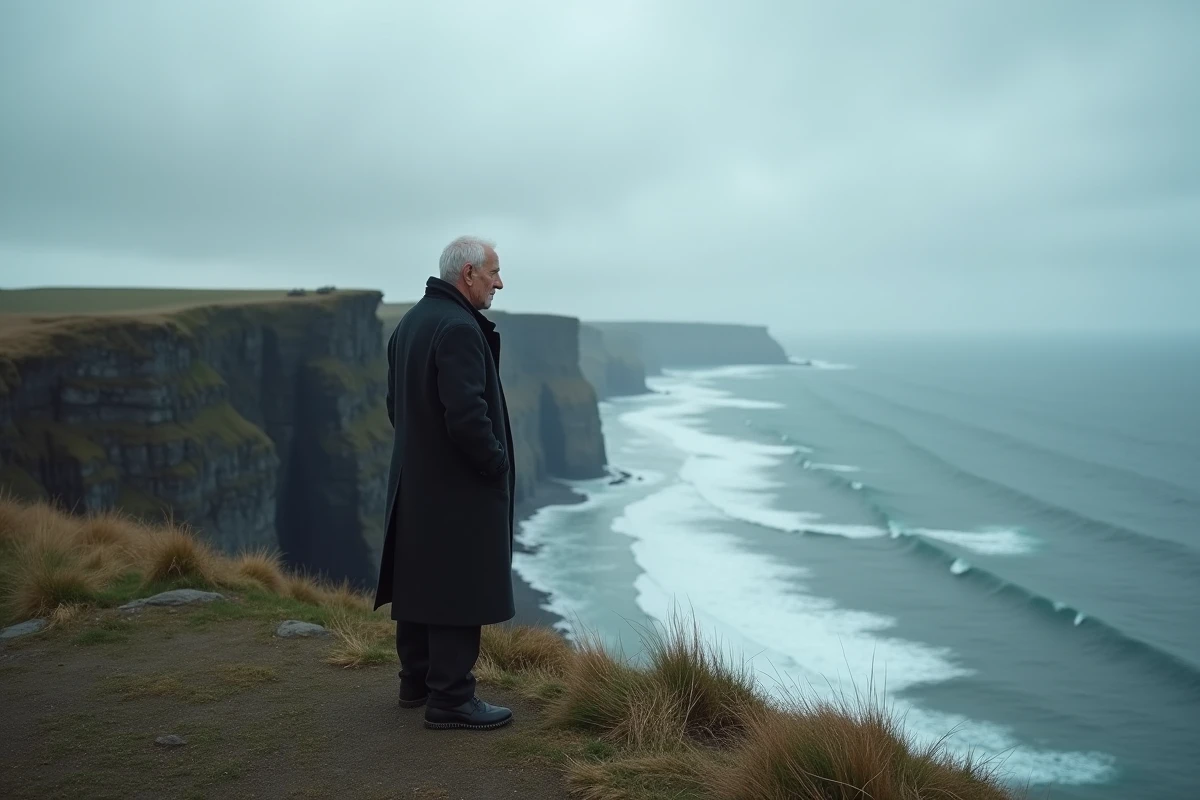Homme solitaire en manteau sombre face à un océan gris, évoquant la rupture et la solitude de Magnéto après la fin de son amitié avec le Professeur X
