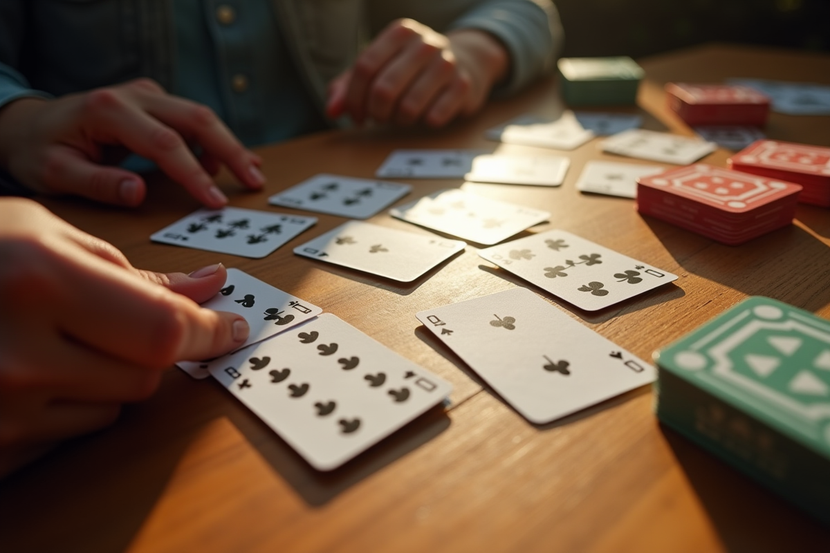 Gros plan sur une main de SkipBo avec piles de jeu sur une table en bois