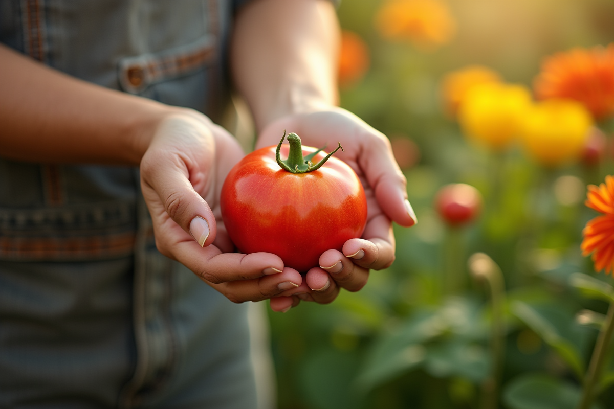 Mains d’un jardinier tenant un V fruit mûr en après-midi