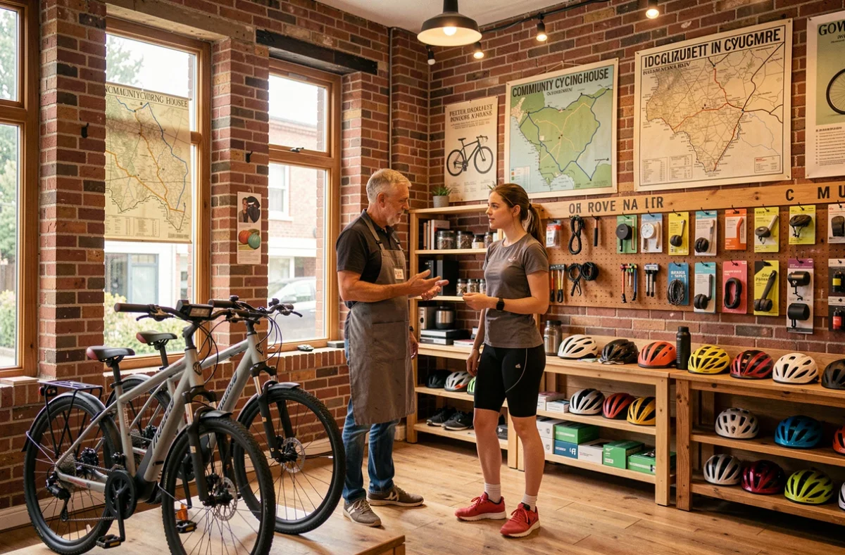 Intérieur de La Maison du Vélo avec un mécanicien conseillant une cliente parmi des vélos électriques et des accessoires