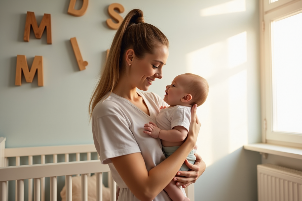 Maman souriante tenant son bébé dans une chambre lumineuse
