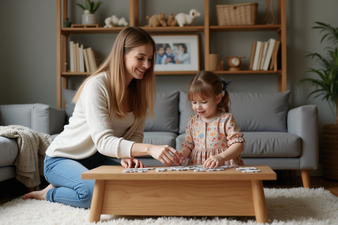 Maman et fille en train de faire un puzzle dans un salon chaleureux