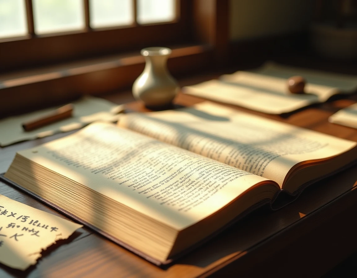 Volume de manga ouvert sur un bureau en bois avec des notes manuscrites et des accessoires d'écriture japonais anciens