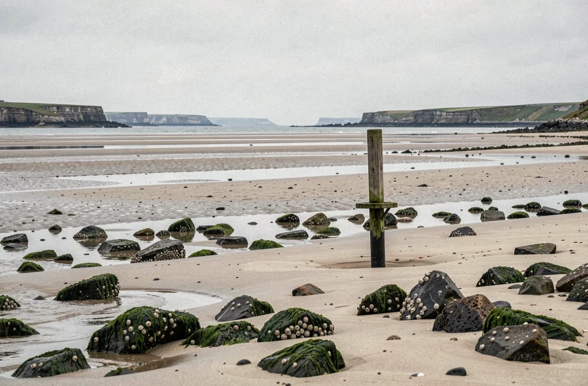 Estran rocheux à marée basse sur la côte de Saint-Brieuc avec bancs de sable découverts et mares de marée, baie des Hauts Fonds
