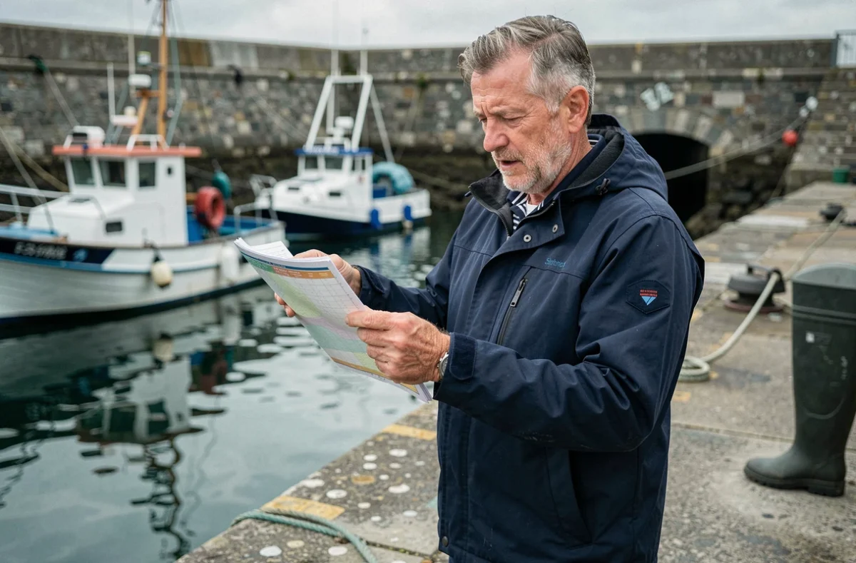 Marin breton consultant un tableau des horaires de marées sur le quai d'un port de pêche près de Saint-Brieuc