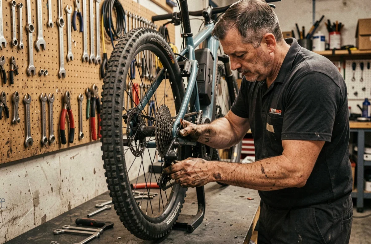 Atelier de réparation Mécanicycle à Toulouse avec un mécanicien réglant un vélo électrique tout-terrain sur un support d'atelier