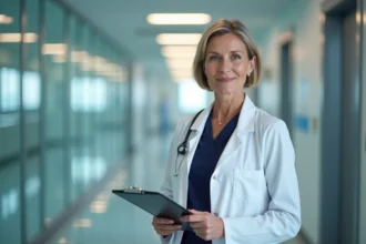 Médecin femme en blouse blanche dans un couloir d'hôpital moderne, portrait professionnel éditorial