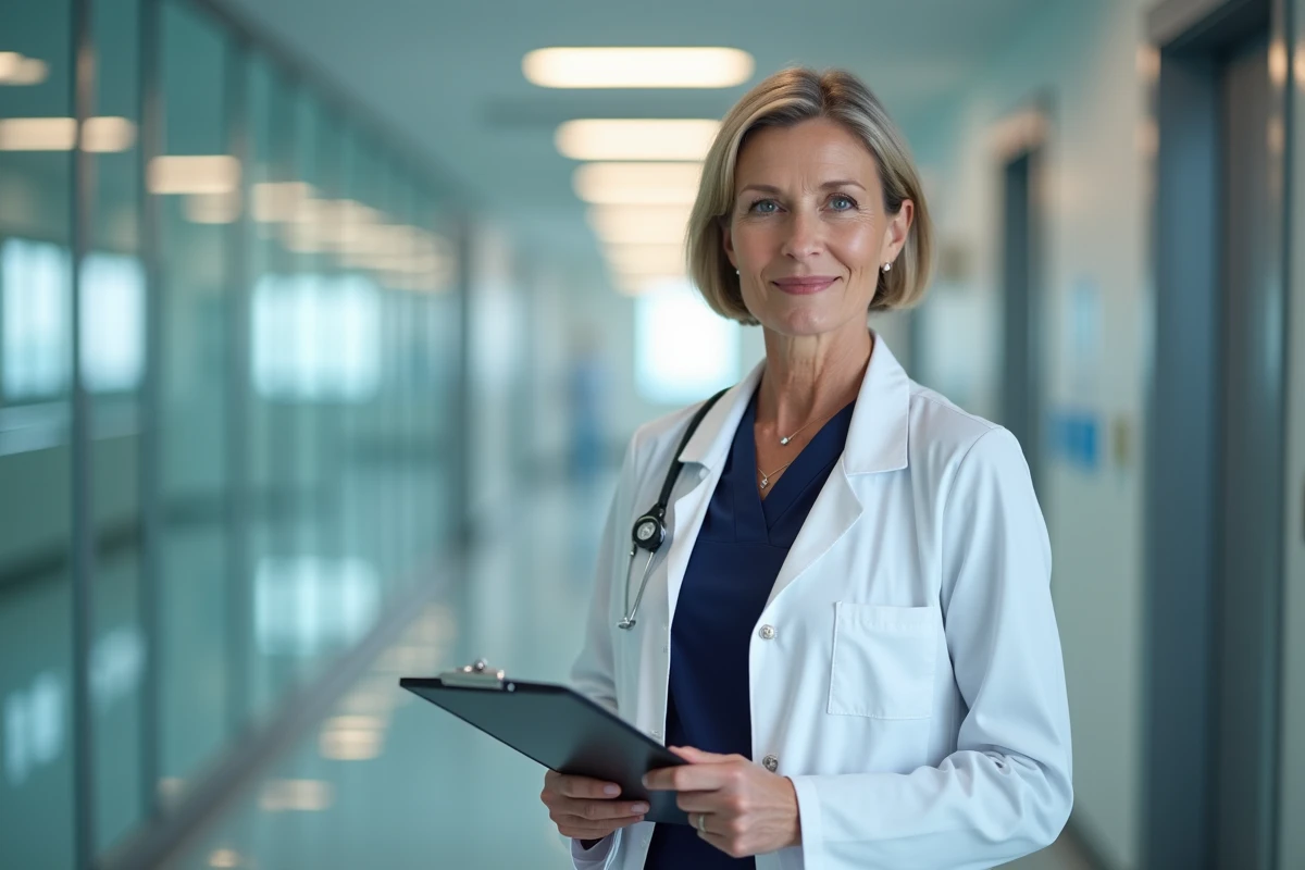 Médecin femme en blouse blanche dans un couloir d'hôpital moderne, portrait professionnel éditorial