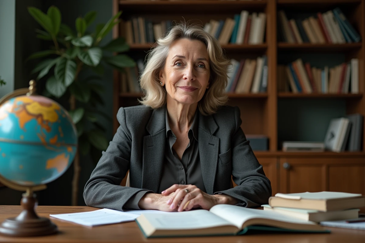 Femme médecin assise à un bureau académique entouré de livres médicaux, ambiance intellectuelle et parcours atypique