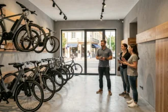 Showroom de vélos électriques en Haute-Garonne avec des modèles exposés et un vendeur conseillant des clients