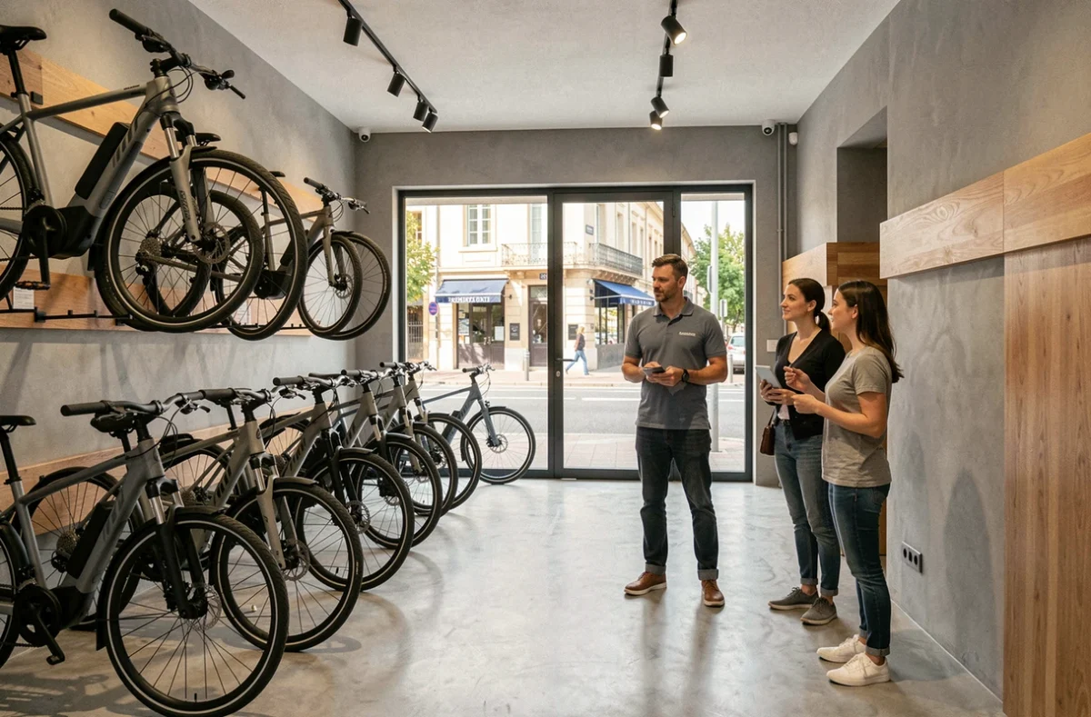 Showroom de vélos électriques en Haute-Garonne avec des modèles exposés et un vendeur conseillant des clients