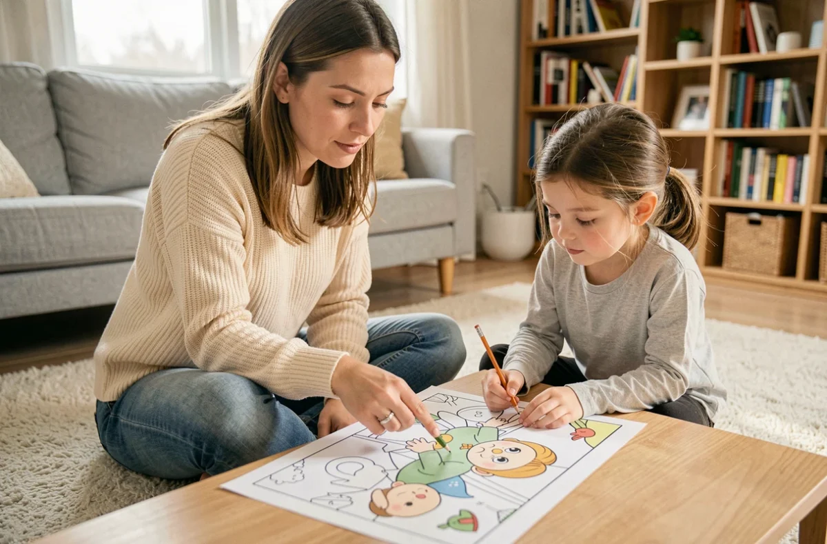 Mère et fille en train de colorier ensemble un dessin Mortelle Adèle dans le salon