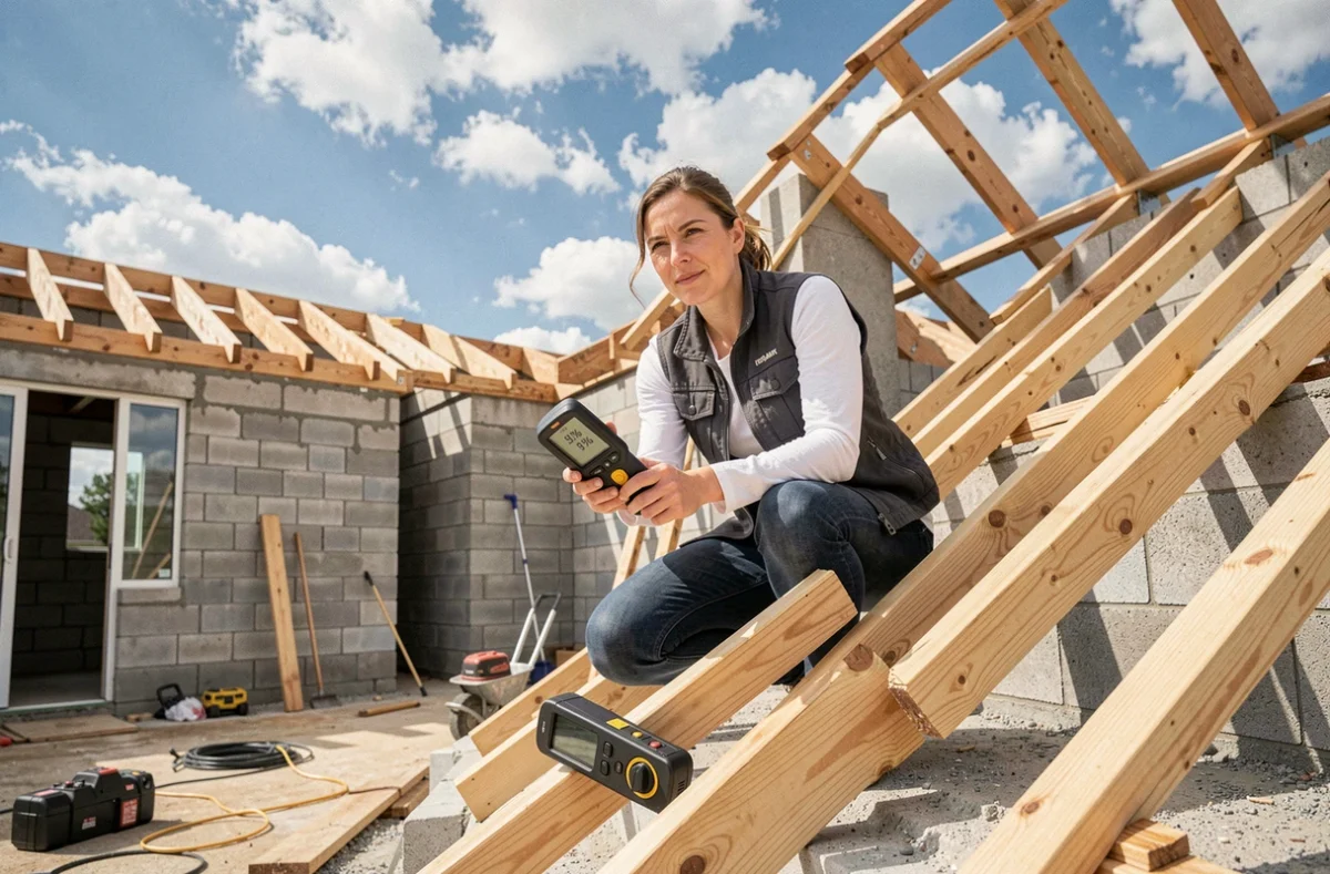 Femme technicienne mesurant la pente d'un toit en pourcentage avec un inclinomètre numérique sur un chantier de maison