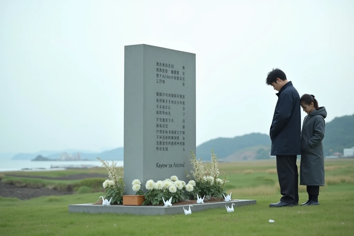 Monument commémoratif du tsunami Tohoku avec des offrandes florales et un couple en recueillement