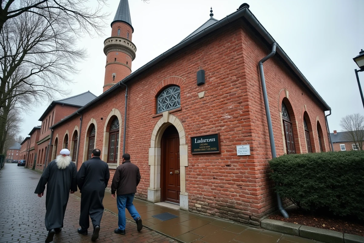 Mosquée en briques rouges de Roubaix avec fidèles se rendant à la prière lors de l'adhan