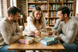 Groupe d'adultes jouant à un jeu de société autour d'une table en bois lors d'une session de jeux de plateau en 2026