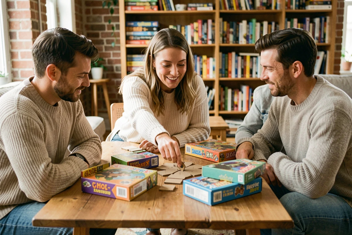 Groupe d'adultes jouant à un jeu de société autour d'une table en bois lors d'une session de jeux de plateau en 2026