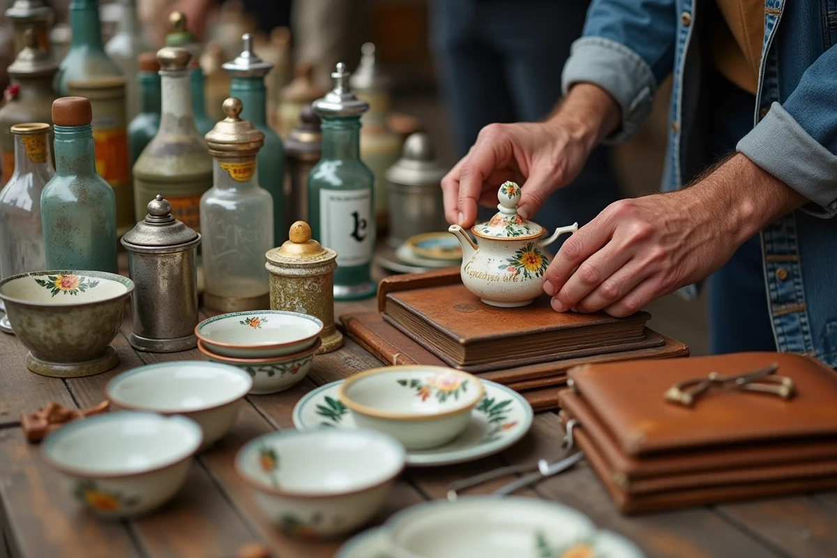 Gros plan sur des objets de brocante anciens disposés sur une table lors d'une vente en Lot-et-Garonne