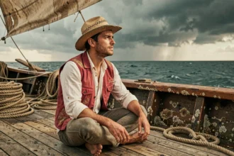 Jeune homme au chapeau de paille regardant l'océan depuis le pont d'un vieux navire en bois, évoquant l'univers One Piece chapitre 1139
