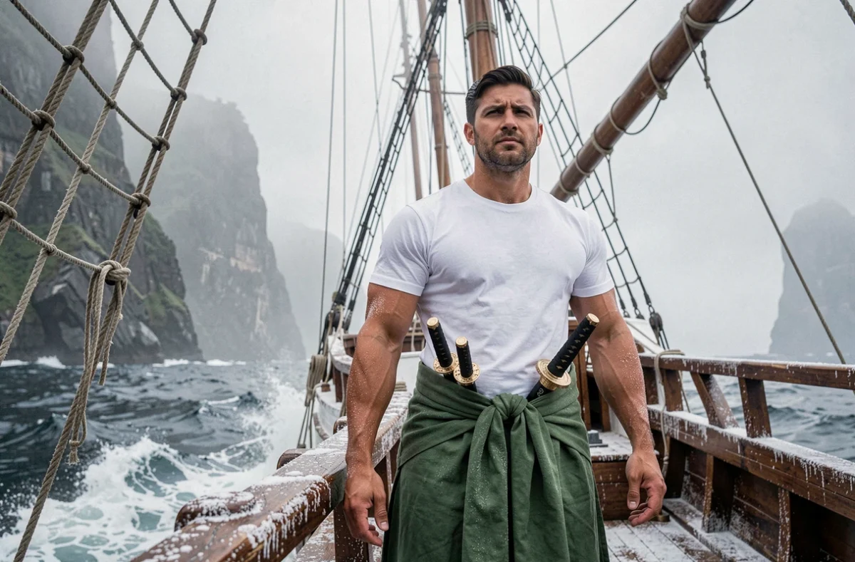 Homme musclé avec trois épées au bord d'un navire voguant en mer agitée, illustration du chapitre One Piece 1139 mange-montagne