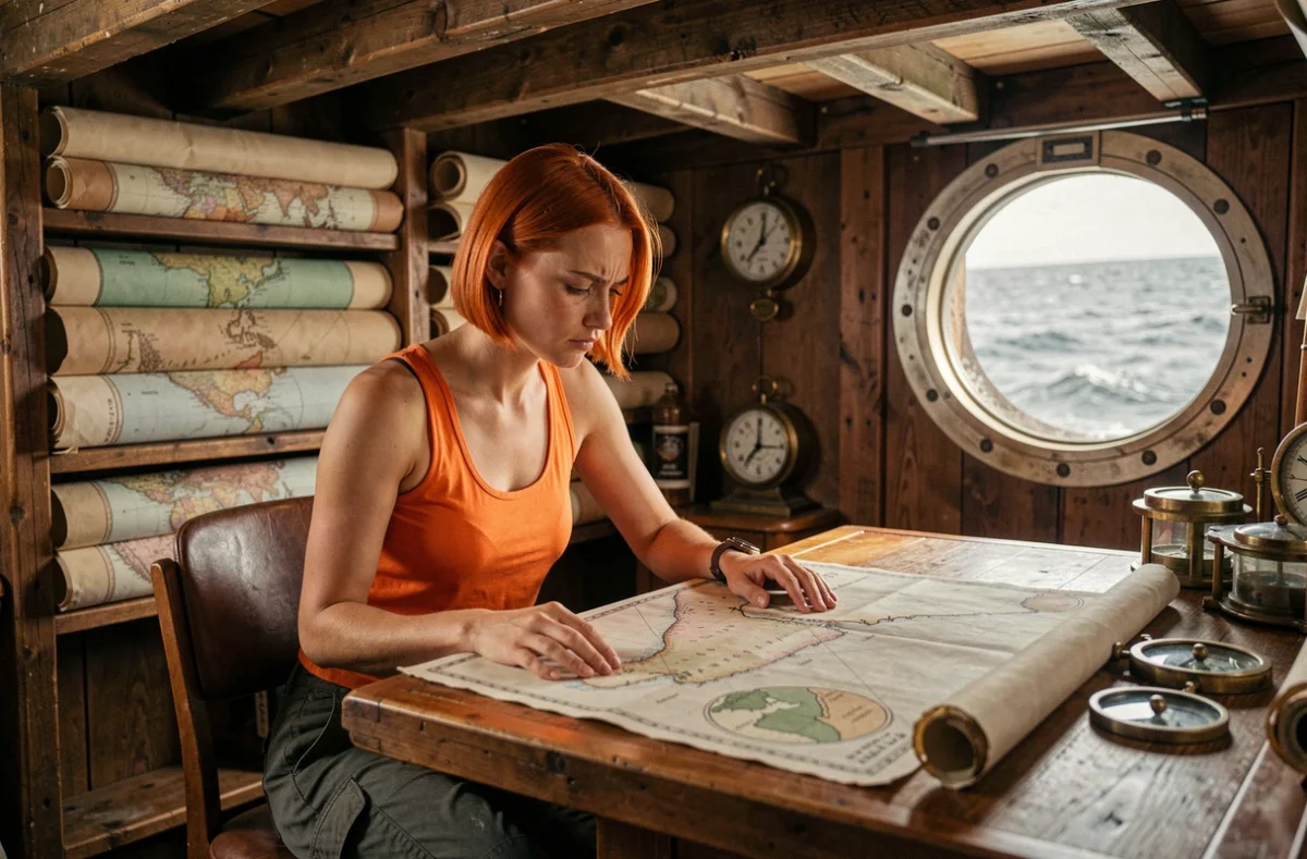 Jeune femme aux cheveux orange étudiant une carte nautique dans la cabine d'un navire, scène inspirée de l'univers One Piece chapitre 1139