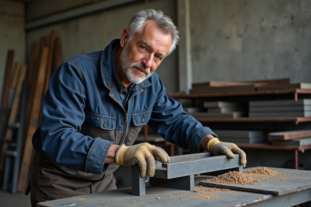 Ouvrier manipulant une cornière en L acier sur établi en atelier de fabrication métallique
