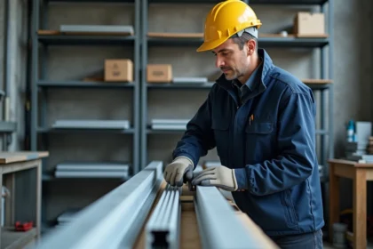 Ouvrier mesurant un barreau en aluminium dans un atelier professionnel équipé