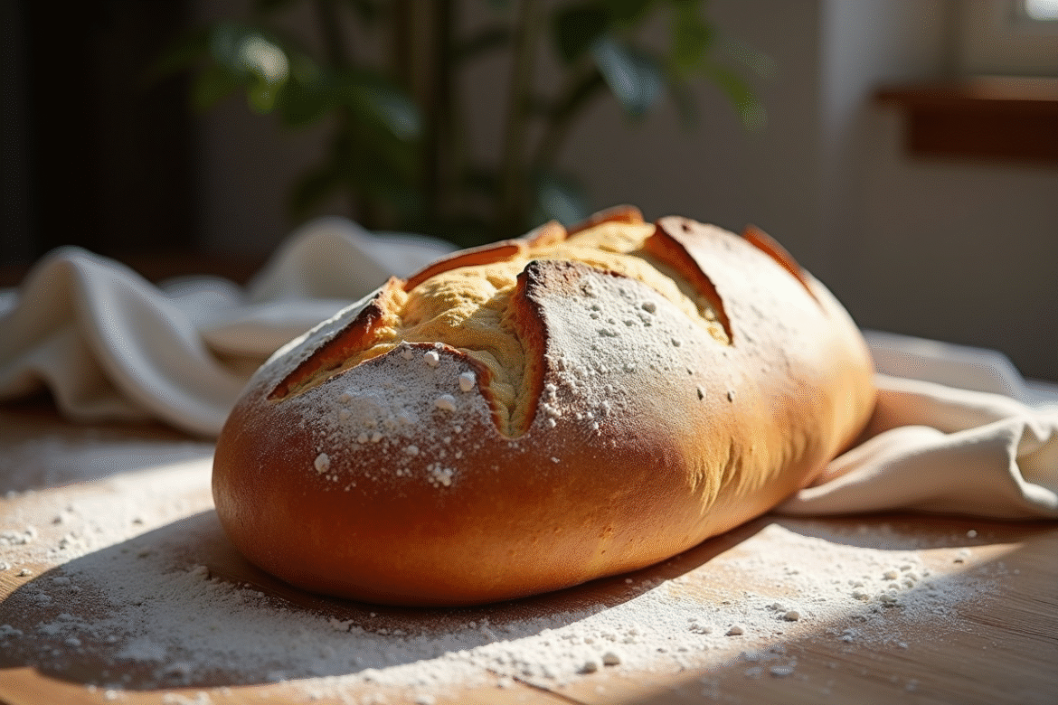 Pain rustique frais sur table en bois avec farine