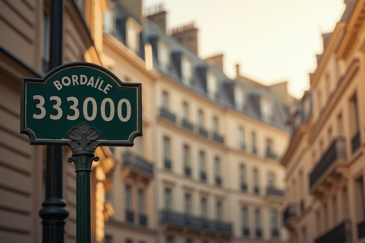 Panneau de rue à Bordeaux avec le code postal 33000 en arrière-plan