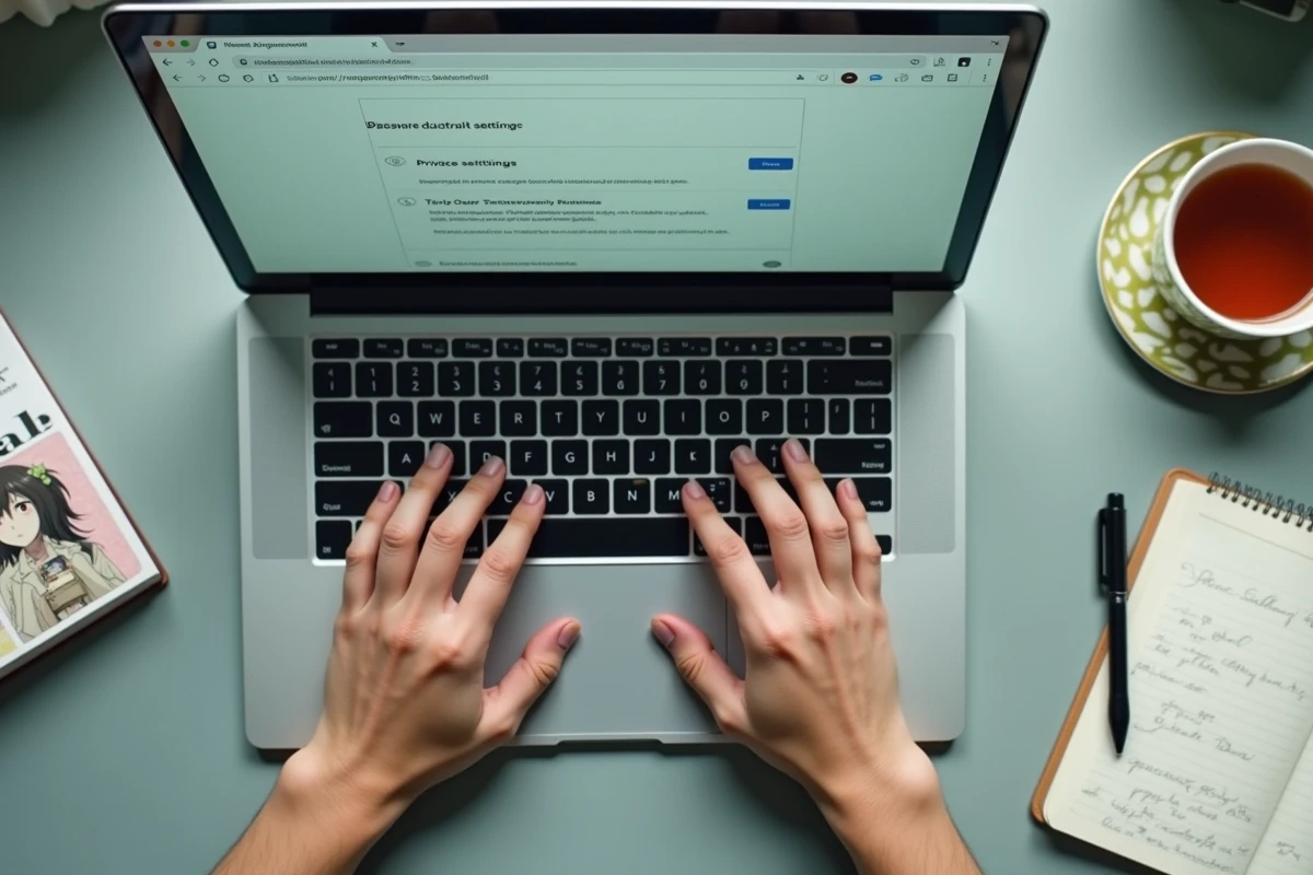 Mains sur un ordinateur portable configurant les paramètres de confidentialité pour une navigation sécurisée sur un site de lecture de manga