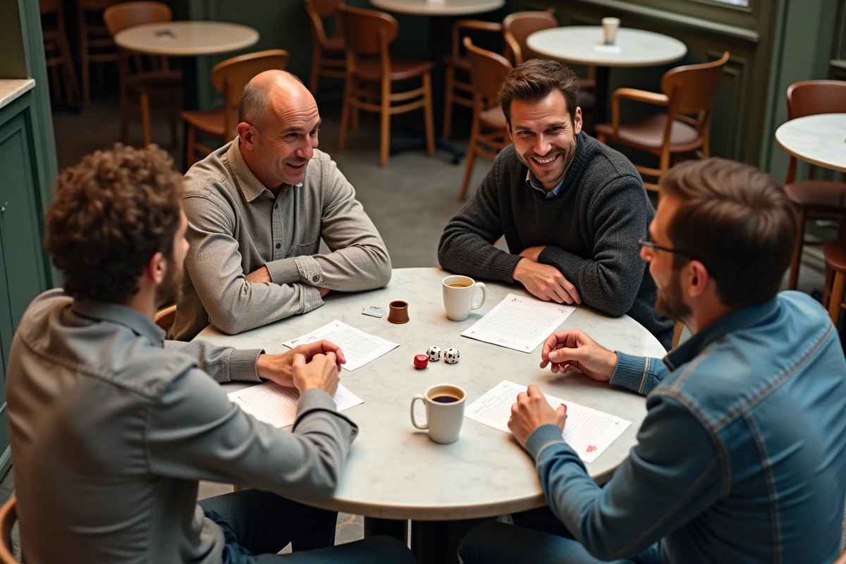 Groupe d'adultes jouant au jeu de dés 421 autour d'une table de café parisien avec cornet et fiche de score